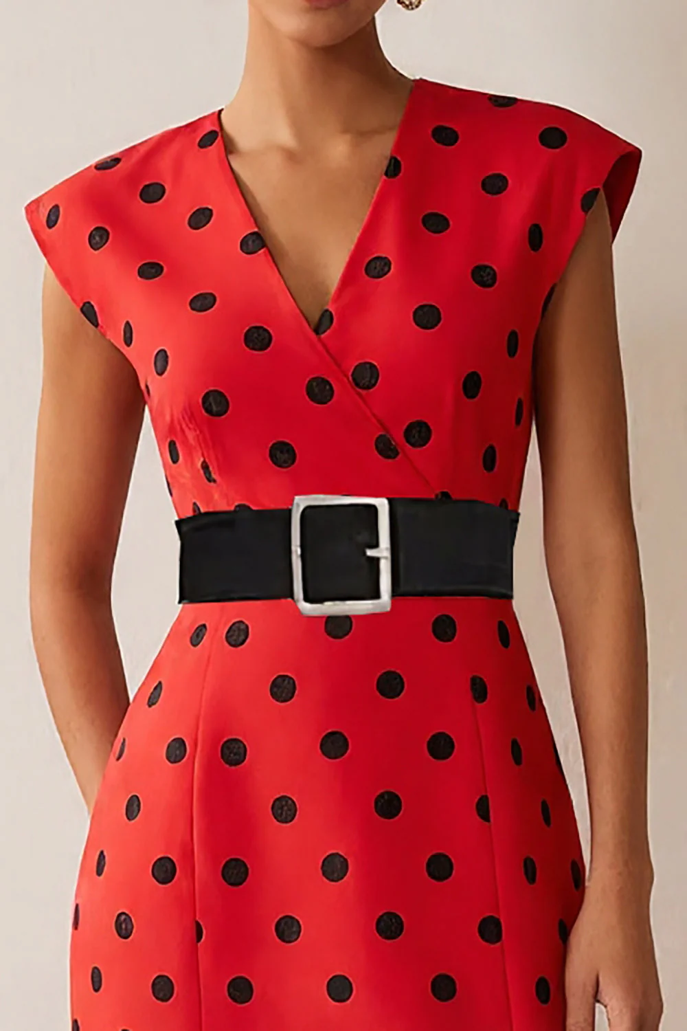 Sheath White Black Polka Dots V-Neck Midi Work Dress with Belt - Image 8