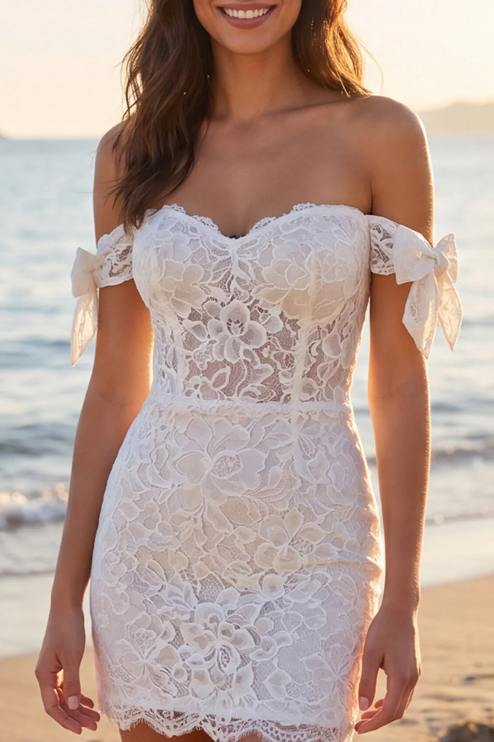 Ivory Off the Shoulder Floral Corset Bridal Shower Dress with Bows - Image 3