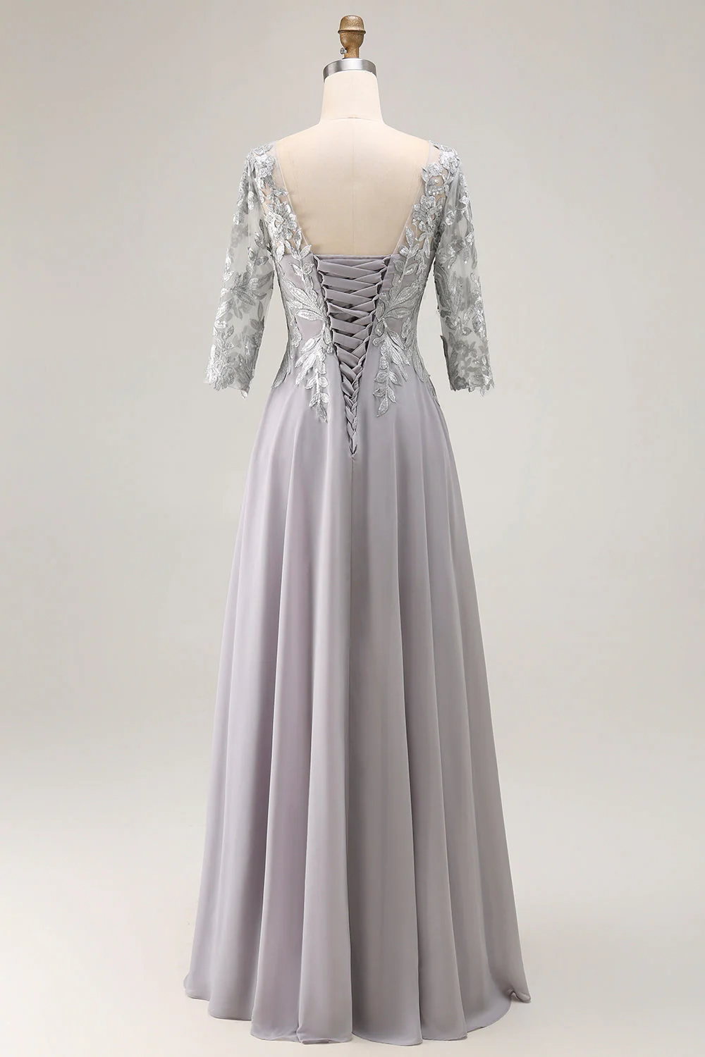 Silver A Line Appliqued V Neck Mother Of The Bride Dress with 3/4 Sleeves - Image 2