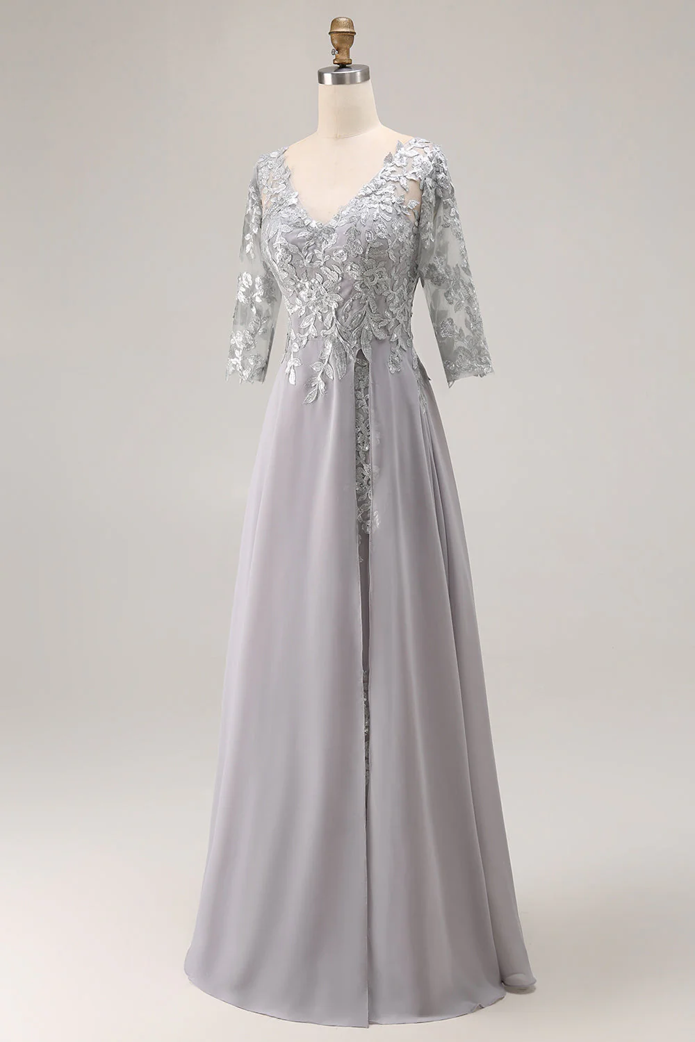 Silver A Line Appliqued V Neck Mother Of The Bride Dress with 3/4 Sleeves - Image 3
