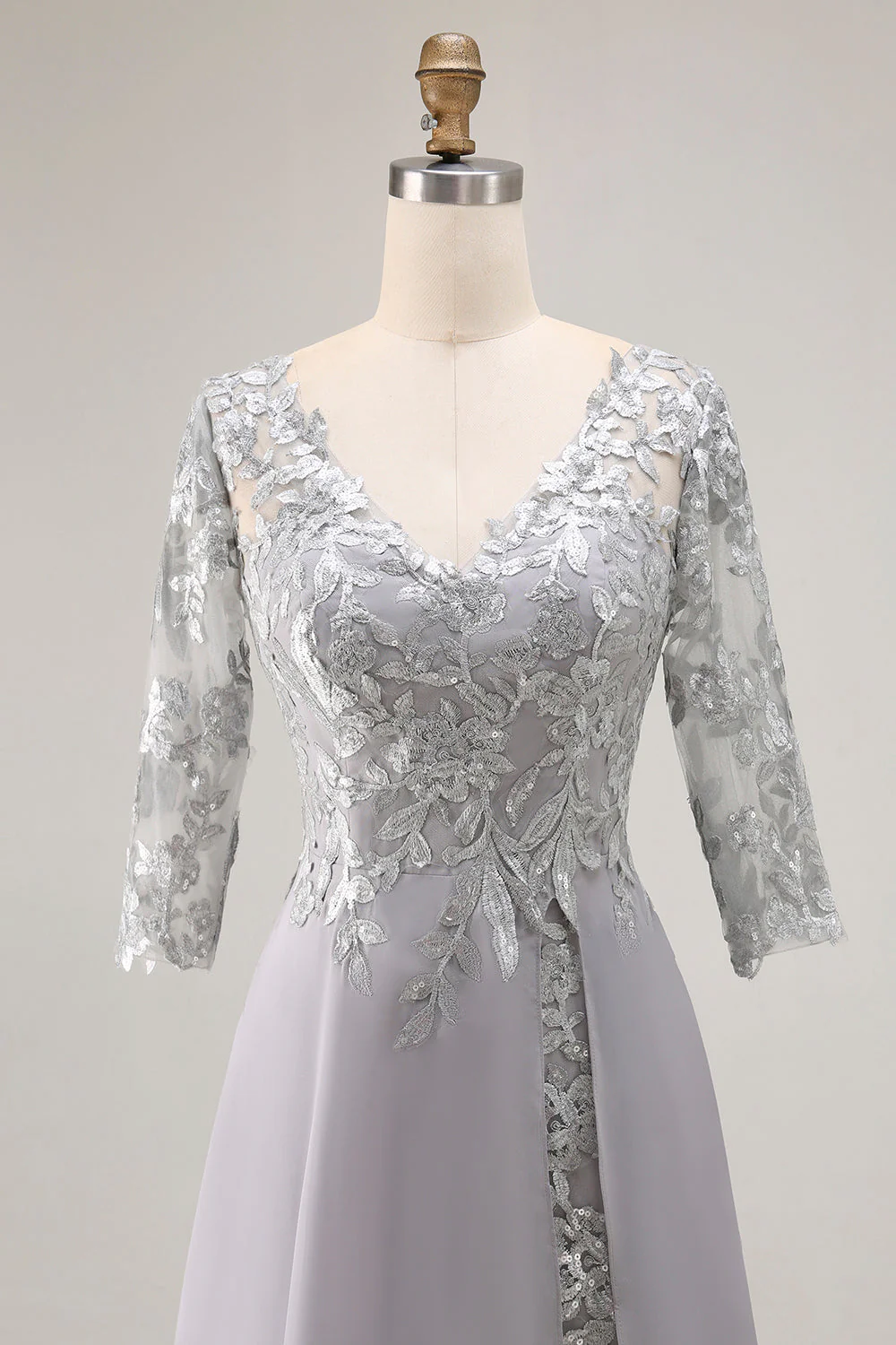 Silver A Line Appliqued V Neck Mother Of The Bride Dress with 3/4 Sleeves - Image 4