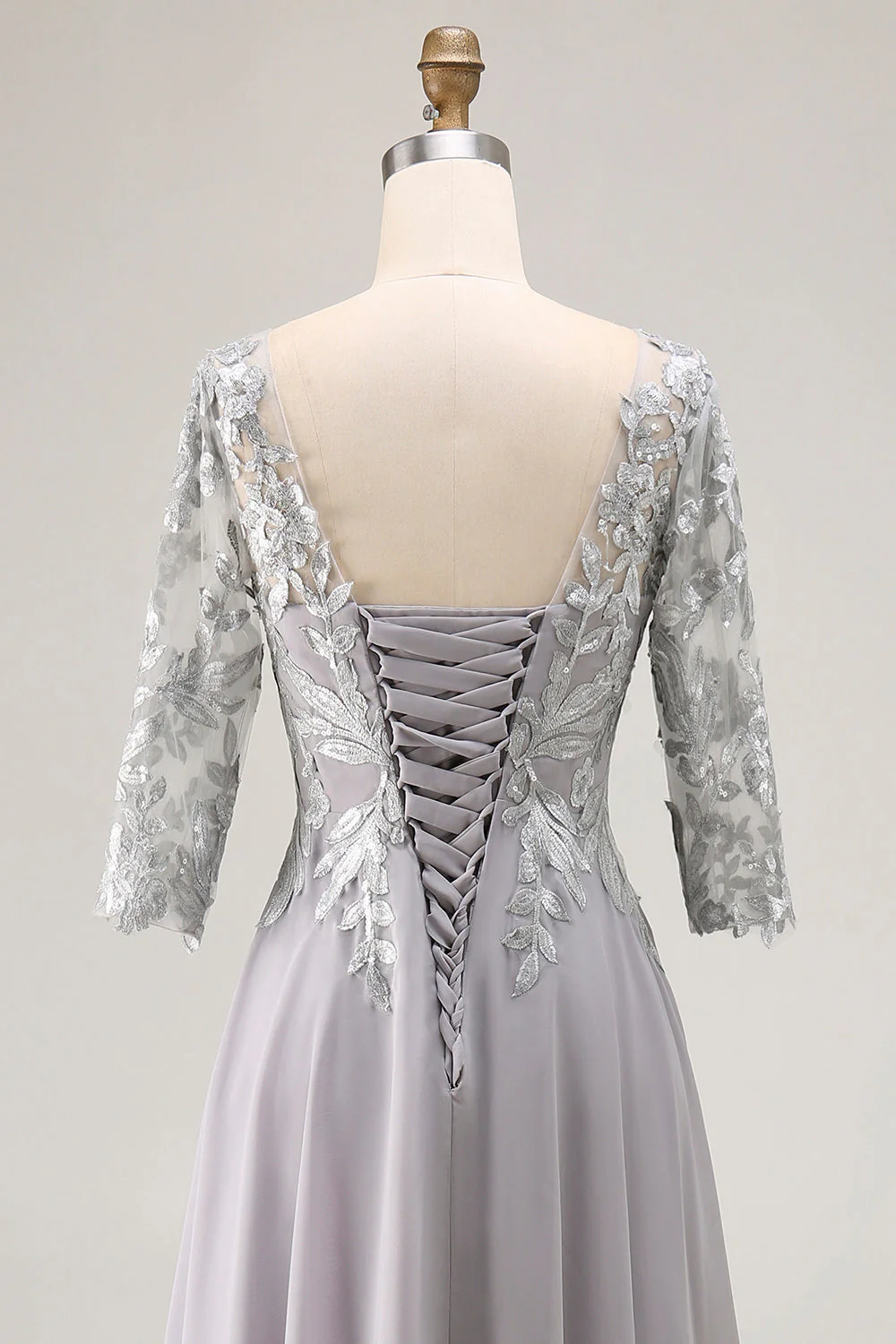 Silver A Line Appliqued V Neck Mother Of The Bride Dress with 3/4 Sleeves - Image 5