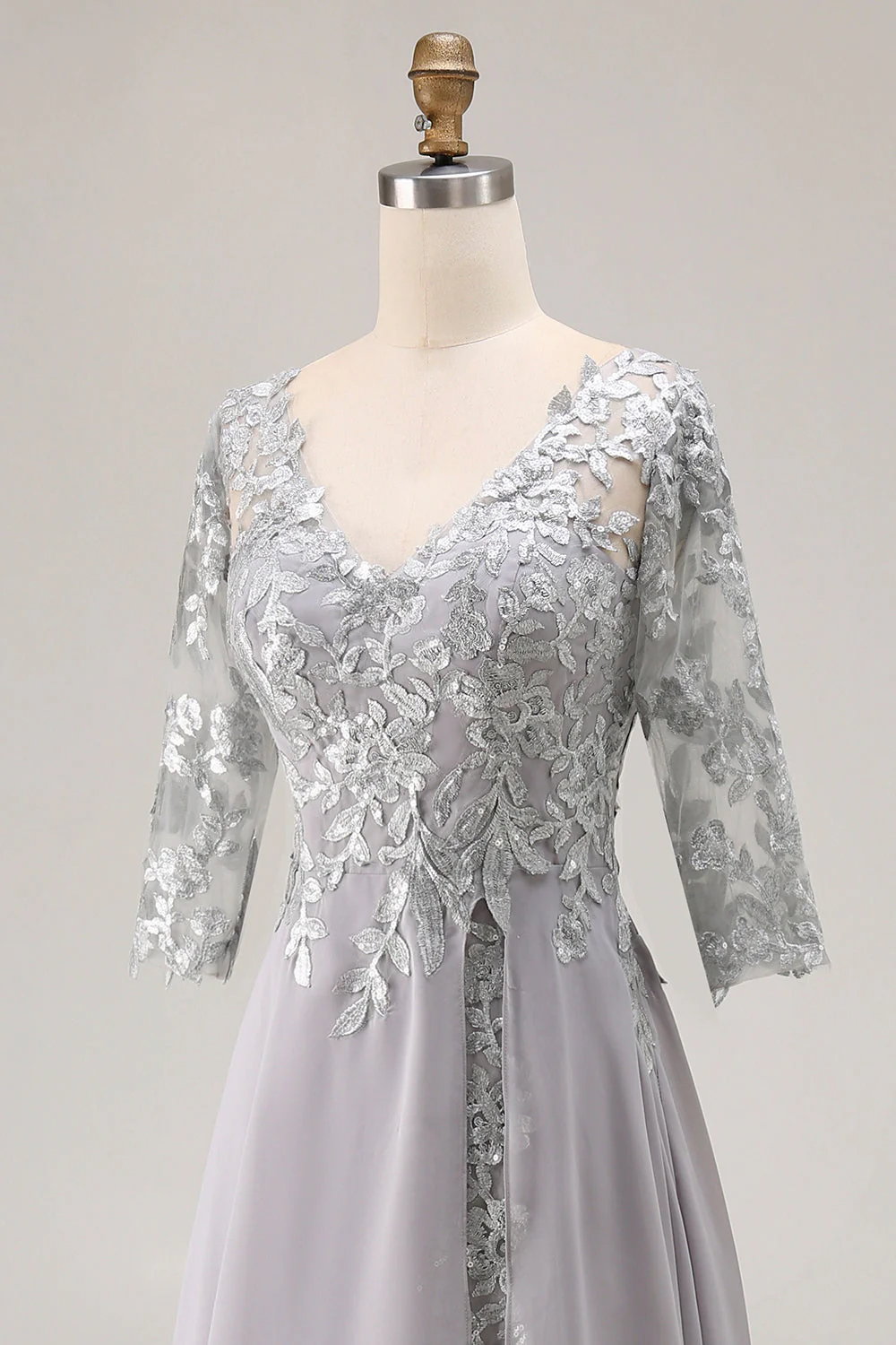 Silver A Line Appliqued V Neck Mother Of The Bride Dress with 3/4 Sleeves - Image 6