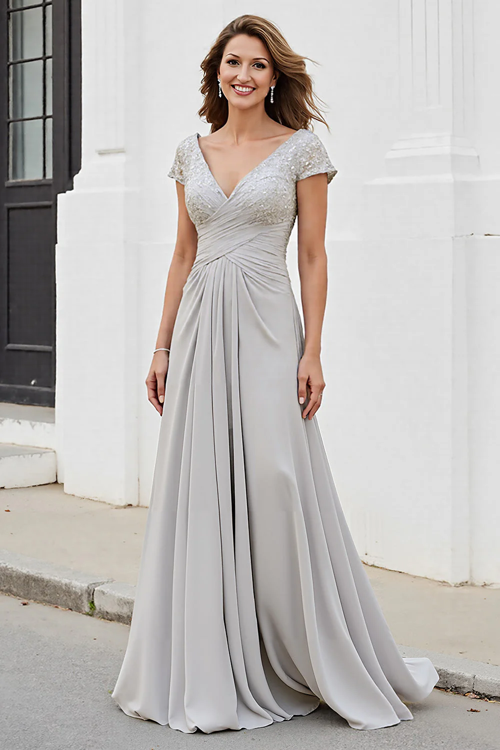 Silver A Line V Neck Ruched Mother Of The Bride Dress - Image 3
