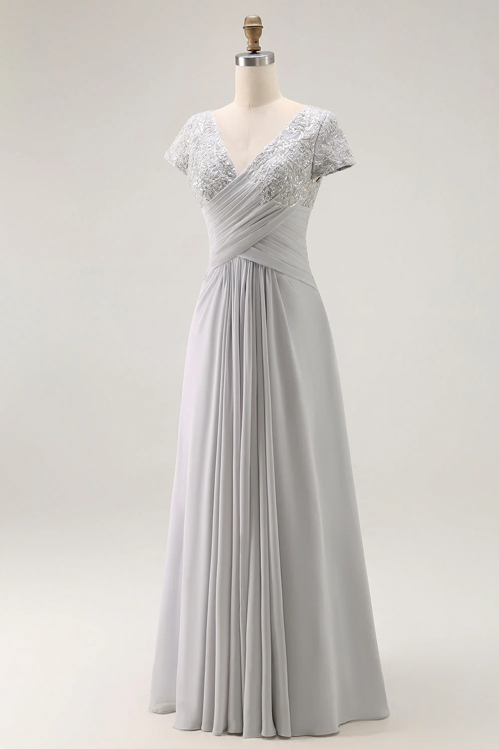 Silver A Line V Neck Ruched Mother Of The Bride Dress - Image 5