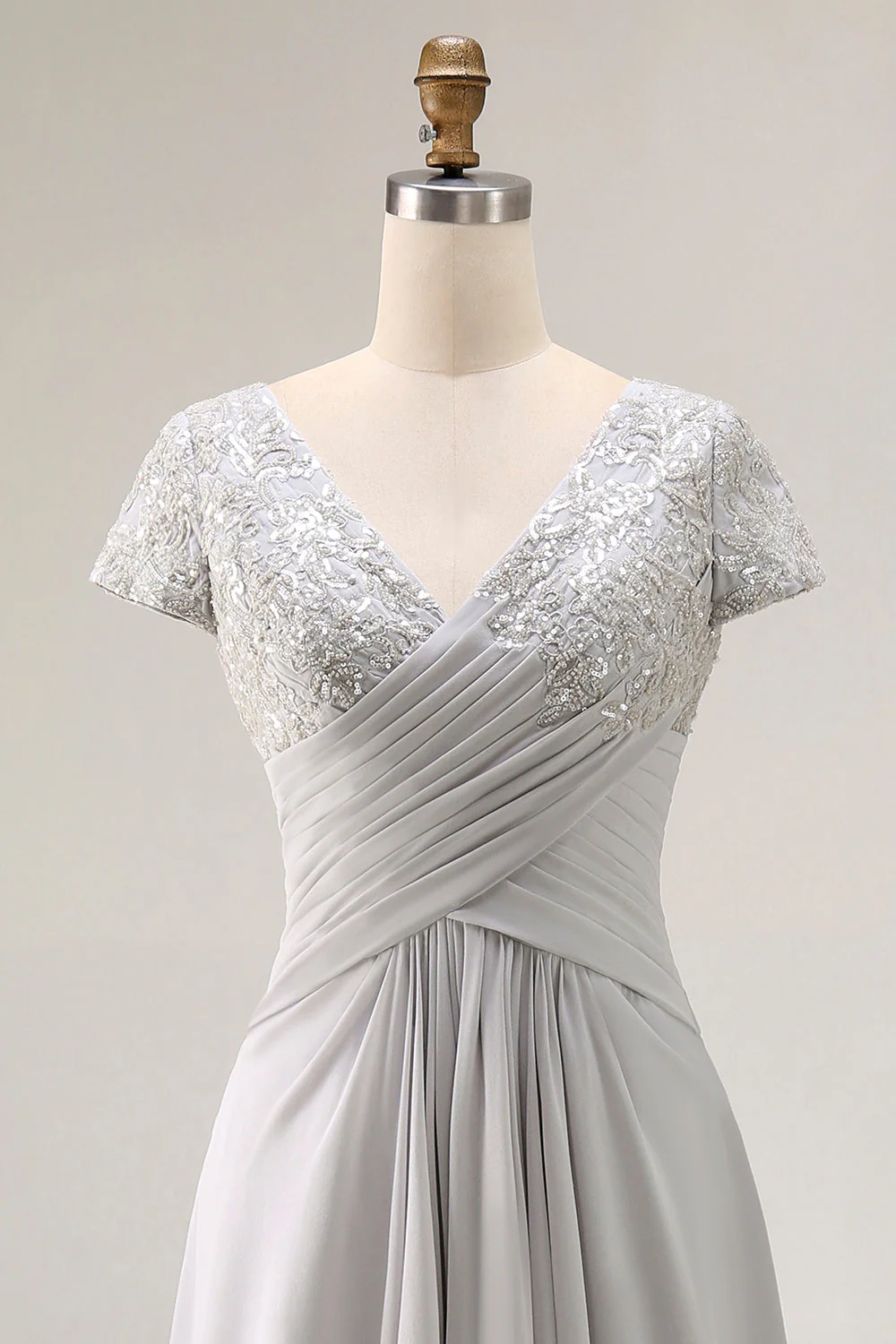 Silver A Line V Neck Ruched Mother Of The Bride Dress - Image 6