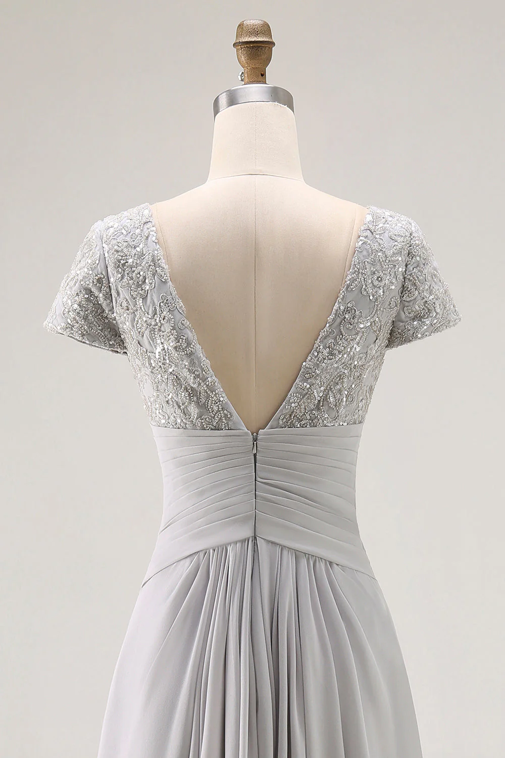 Silver A Line V Neck Ruched Mother Of The Bride Dress - Image 7