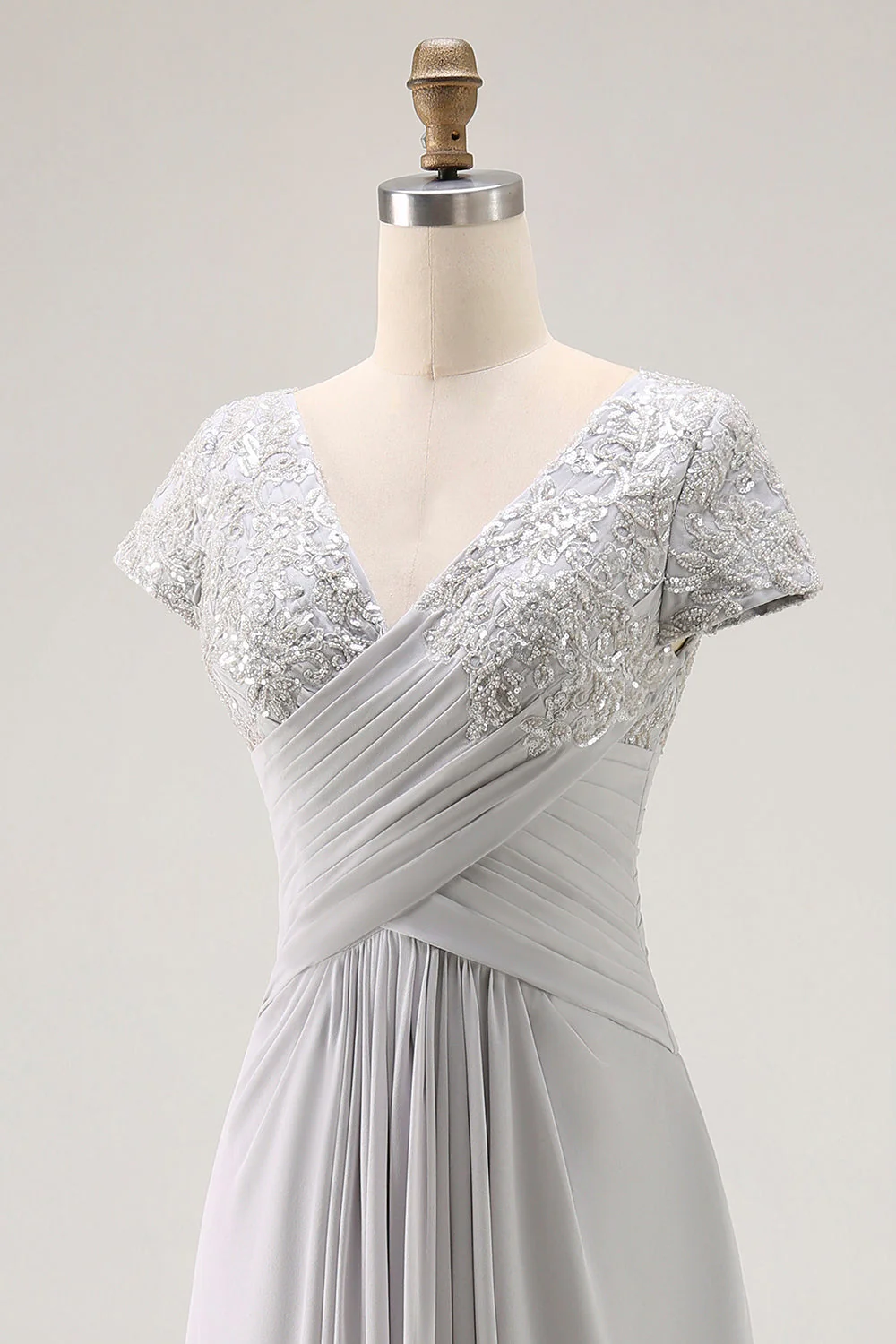 Silver A Line V Neck Ruched Mother Of The Bride Dress - Image 8