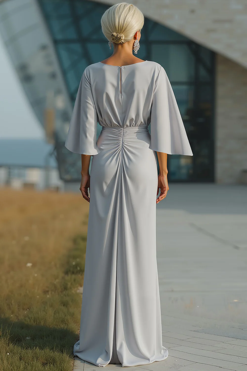 Silver Boat Neck Sheath Long Mother Of The Bride Dress - Image 2