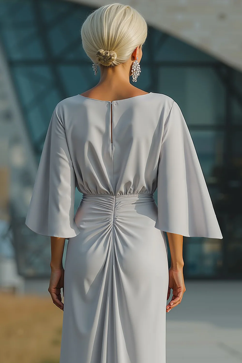 Silver Boat Neck Sheath Long Mother Of The Bride Dress - Image 4