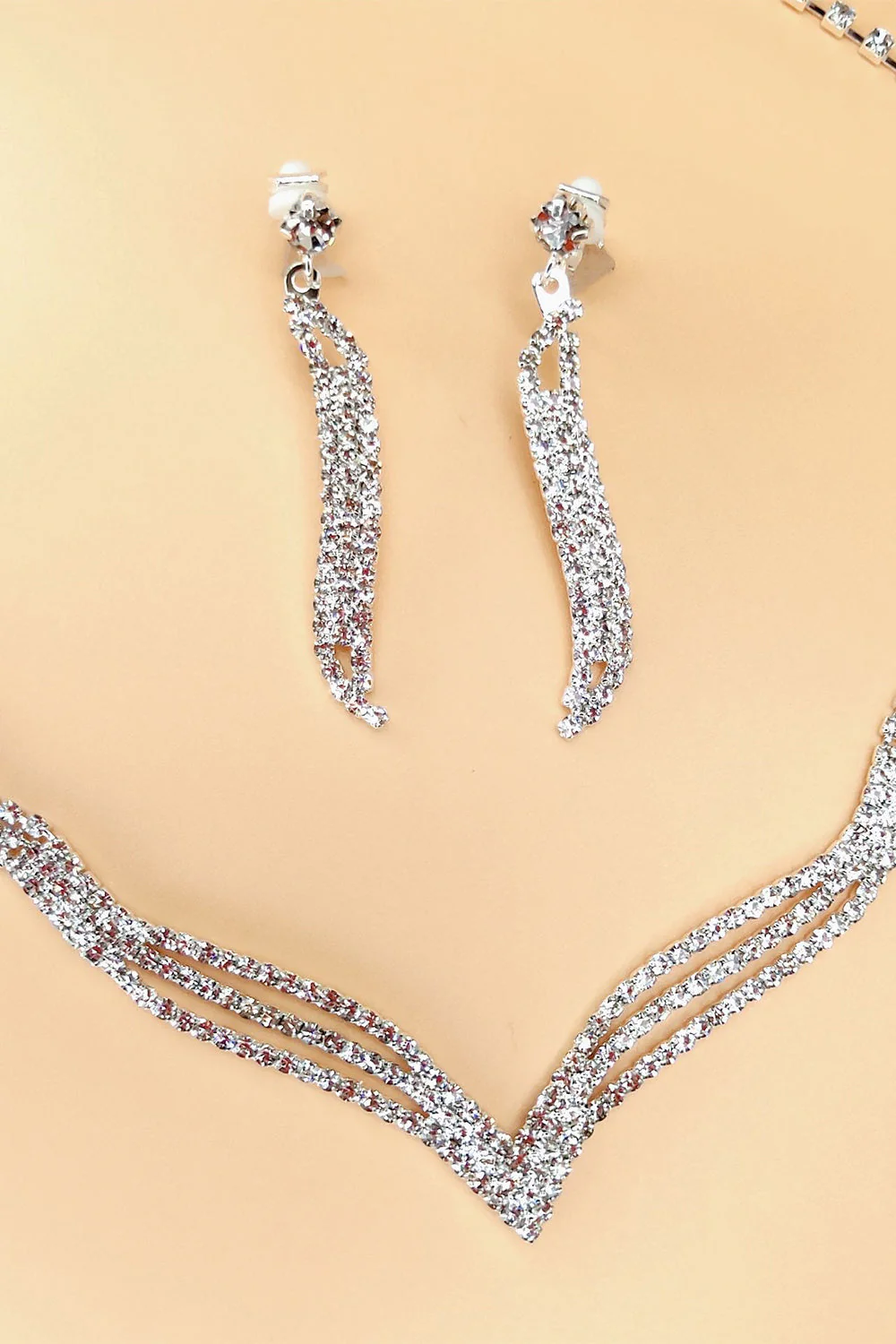 Silver Crystal Necklace Earrings Jewelry Set - Image 4