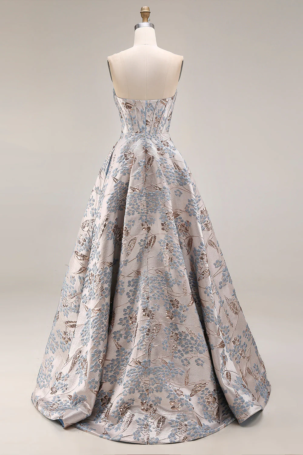 Silver Jacquard Strapless A Line Corset Long Prom Dress with Slit - Image 2