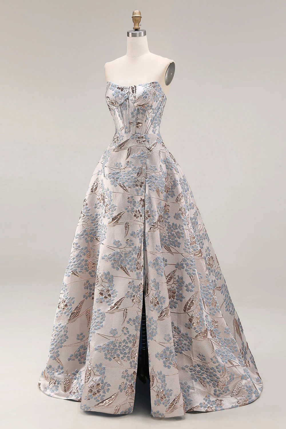 Silver Jacquard Strapless A Line Corset Long Prom Dress with Slit - Image 3