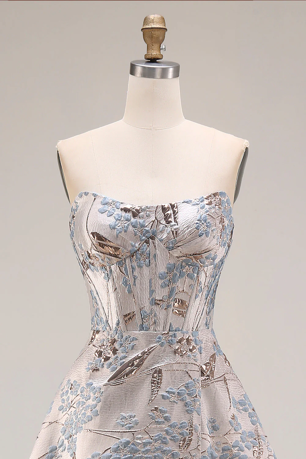 Silver Jacquard Strapless A Line Corset Long Prom Dress with Slit - Image 4