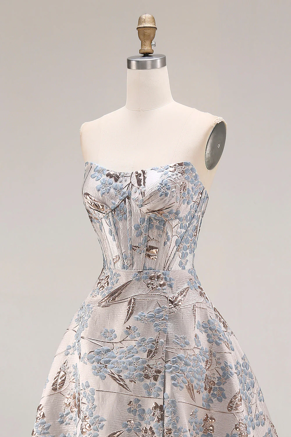 Silver Jacquard Strapless A Line Corset Long Prom Dress with Slit - Image 5