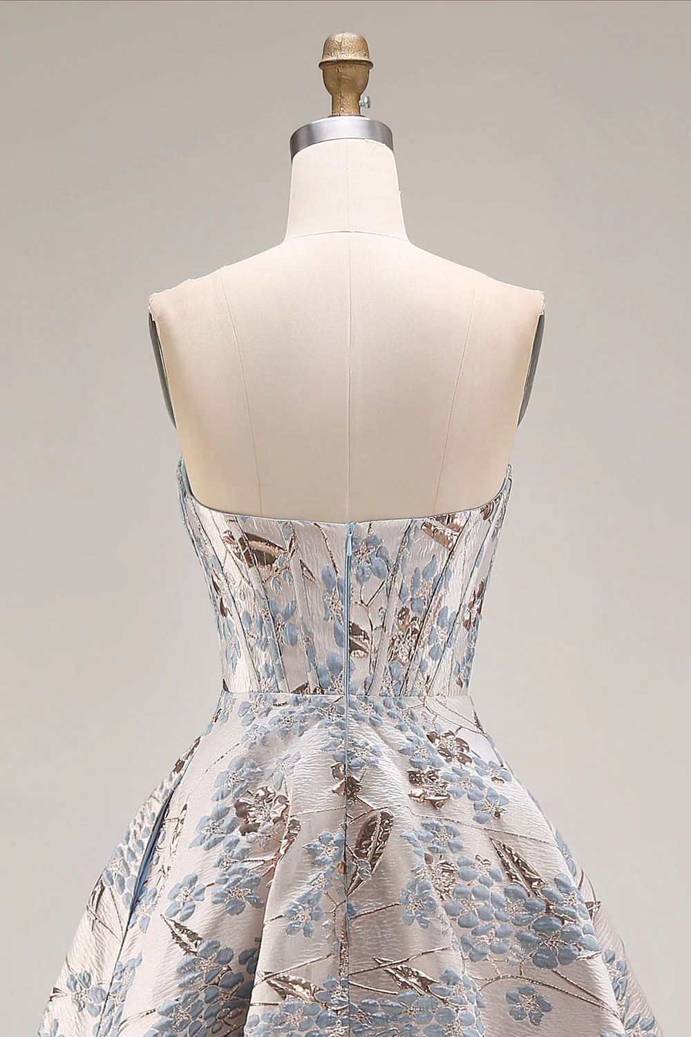 Silver Jacquard Strapless A Line Corset Long Prom Dress with Slit - Image 6
