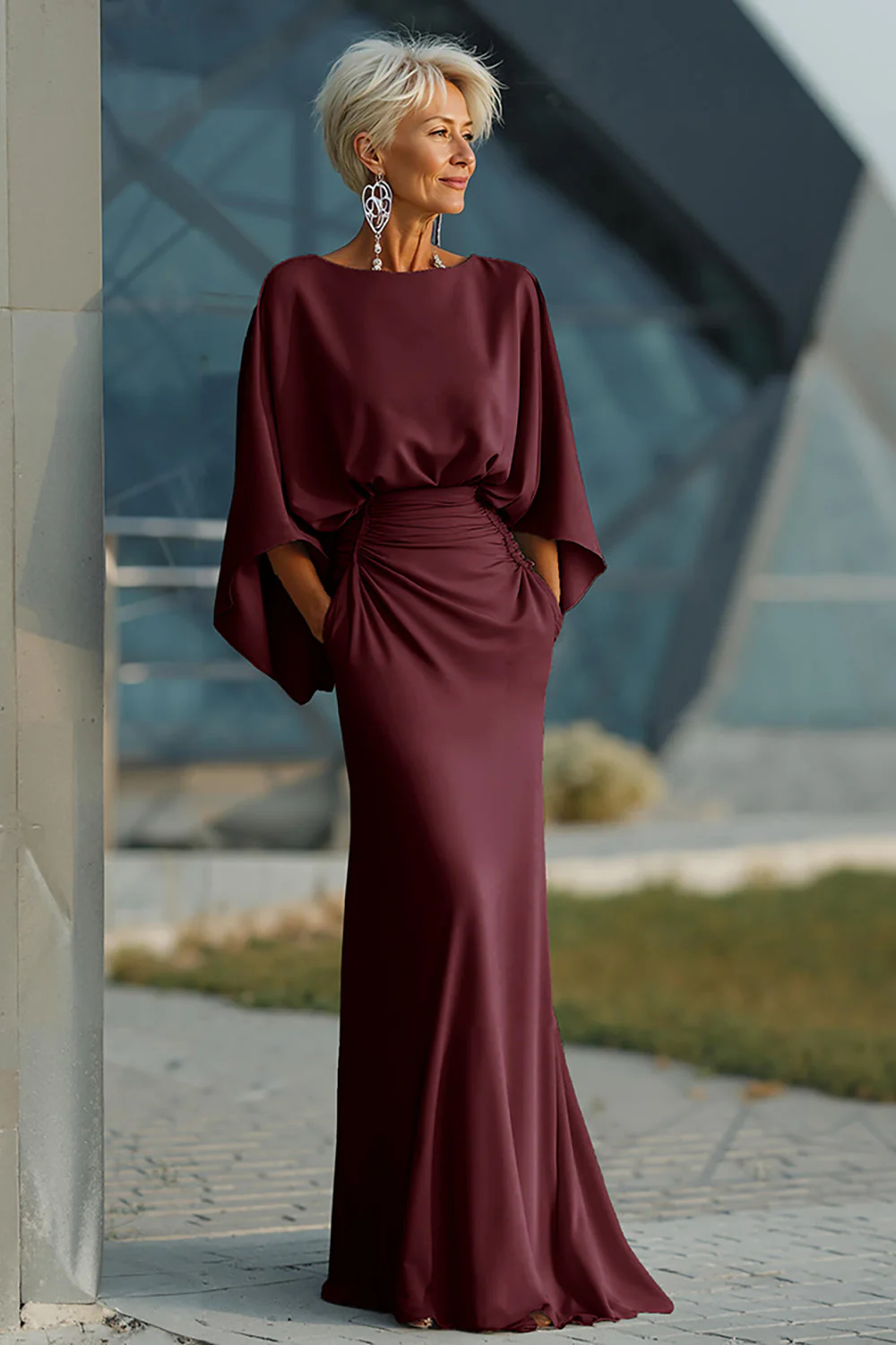 Silver Sheath 3/4 Sleeves Long Mother of the Bride Dress with Pockets - Image 13