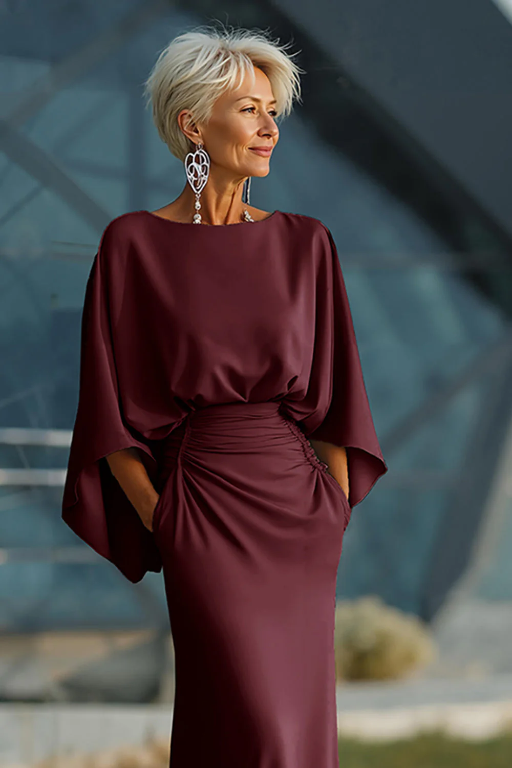 Silver Sheath 3/4 Sleeves Long Mother of the Bride Dress with Pockets - Image 15