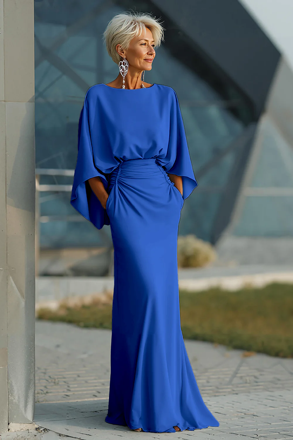 Silver Sheath 3/4 Sleeves Long Mother of the Bride Dress with Pockets - Image 17