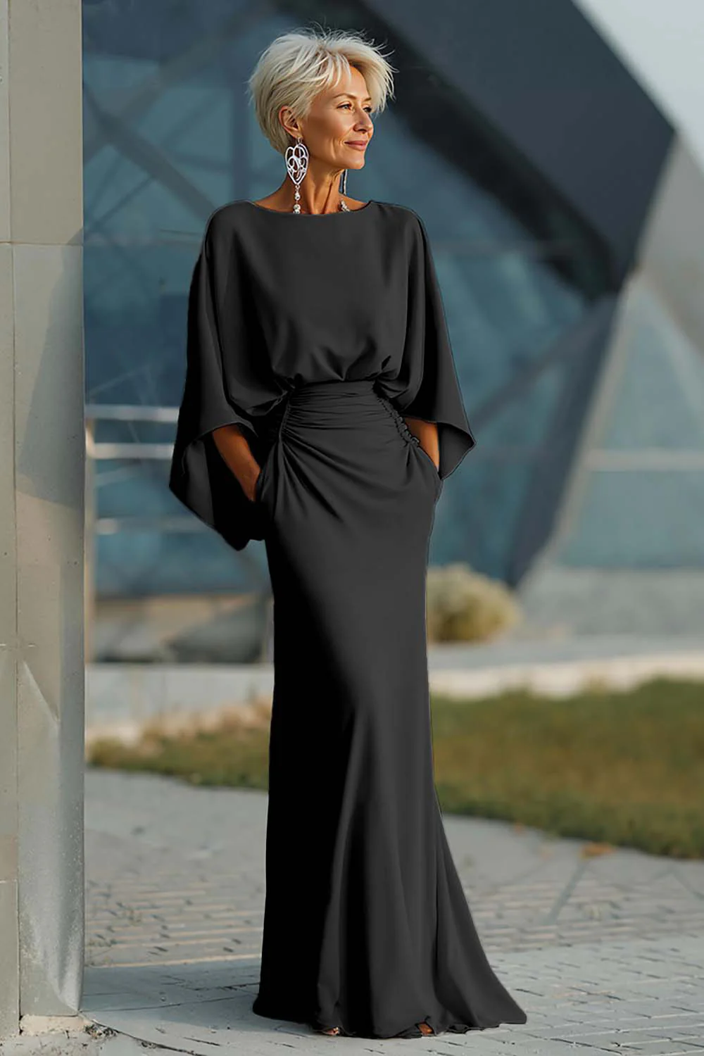 Silver Sheath 3/4 Sleeves Long Mother of the Bride Dress with Pockets - Image 19