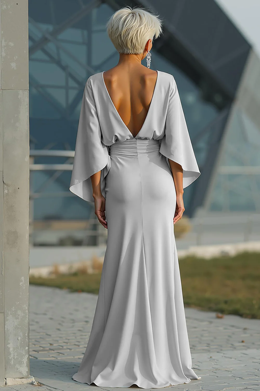 Silver Sheath 3/4 Sleeves Long Mother of the Bride Dress with Pockets - Image 2