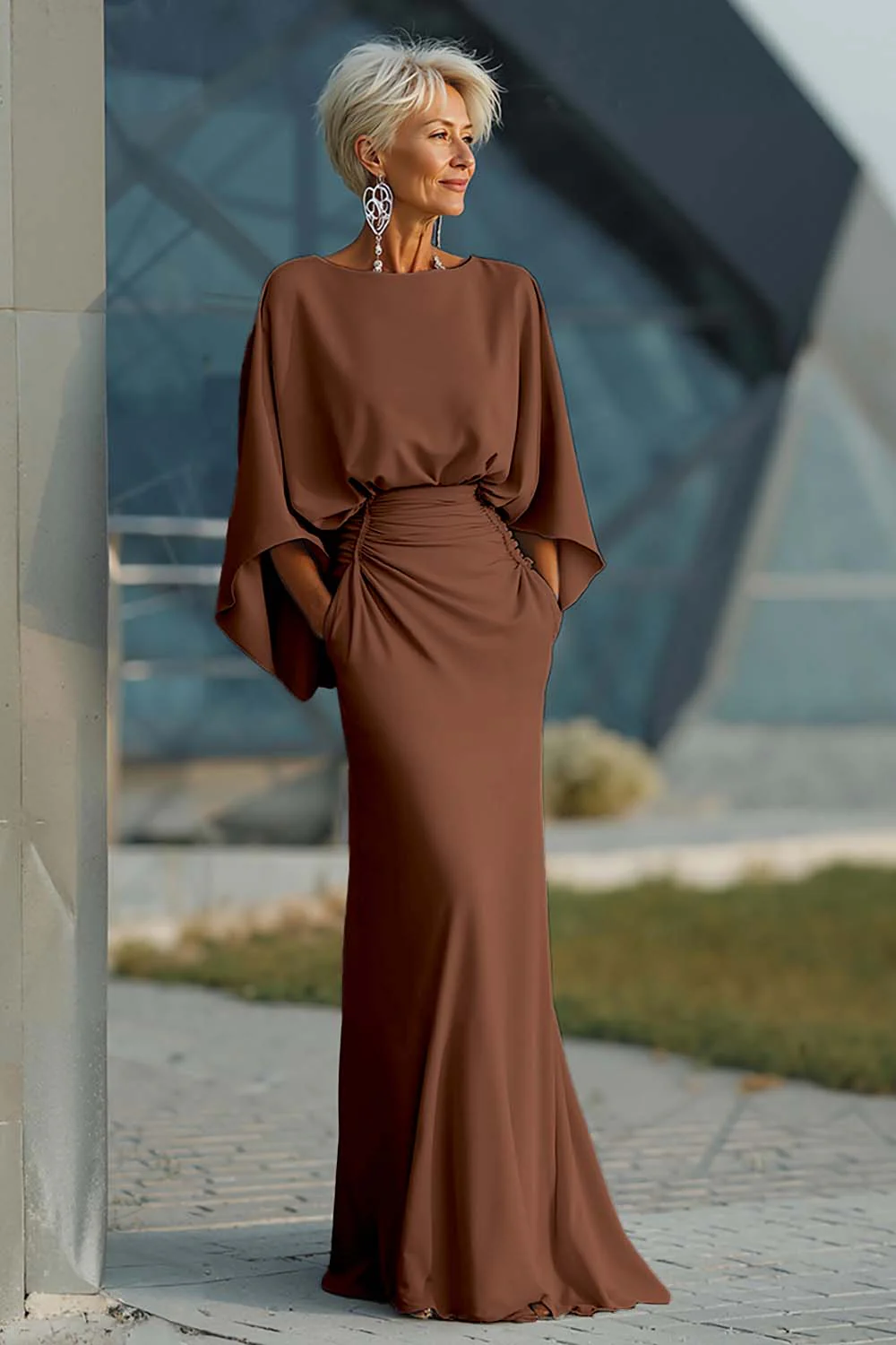 Silver Sheath 3/4 Sleeves Long Mother of the Bride Dress with Pockets - Image 21
