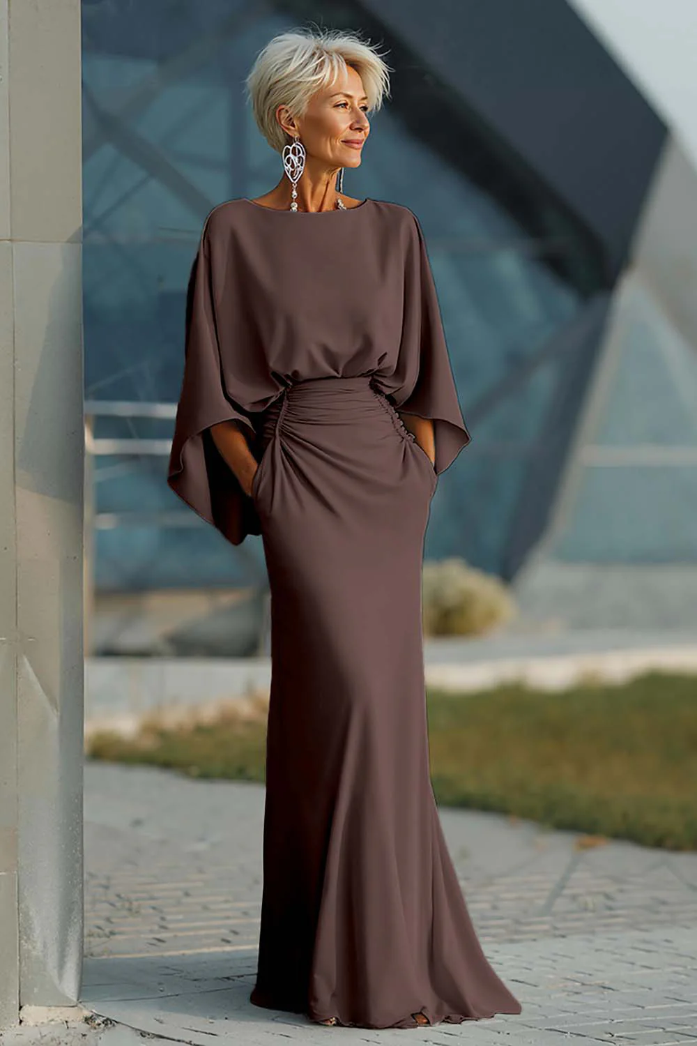 Silver Sheath 3/4 Sleeves Long Mother of the Bride Dress with Pockets - Image 22