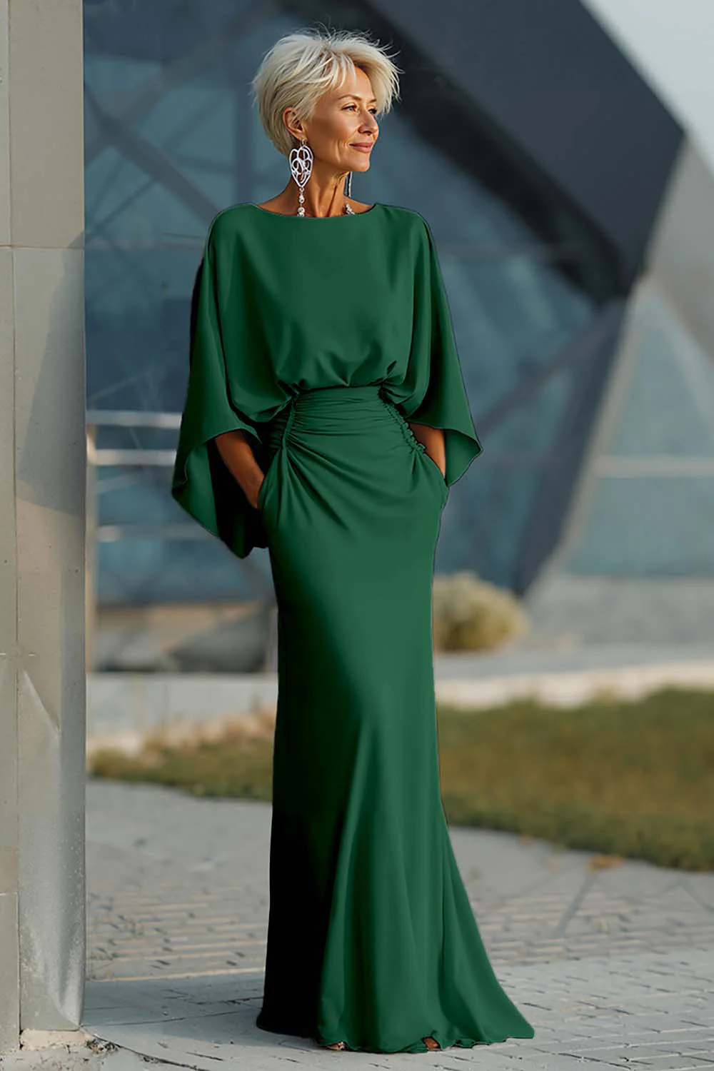 Silver Sheath 3/4 Sleeves Long Mother of the Bride Dress with Pockets - Image 24