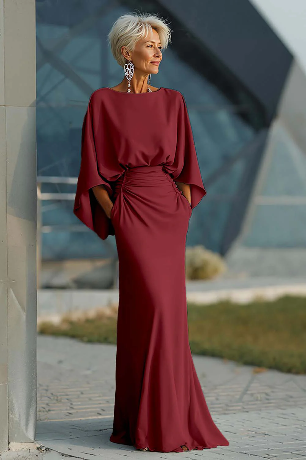 Silver Sheath 3/4 Sleeves Long Mother of the Bride Dress with Pockets - Image 26