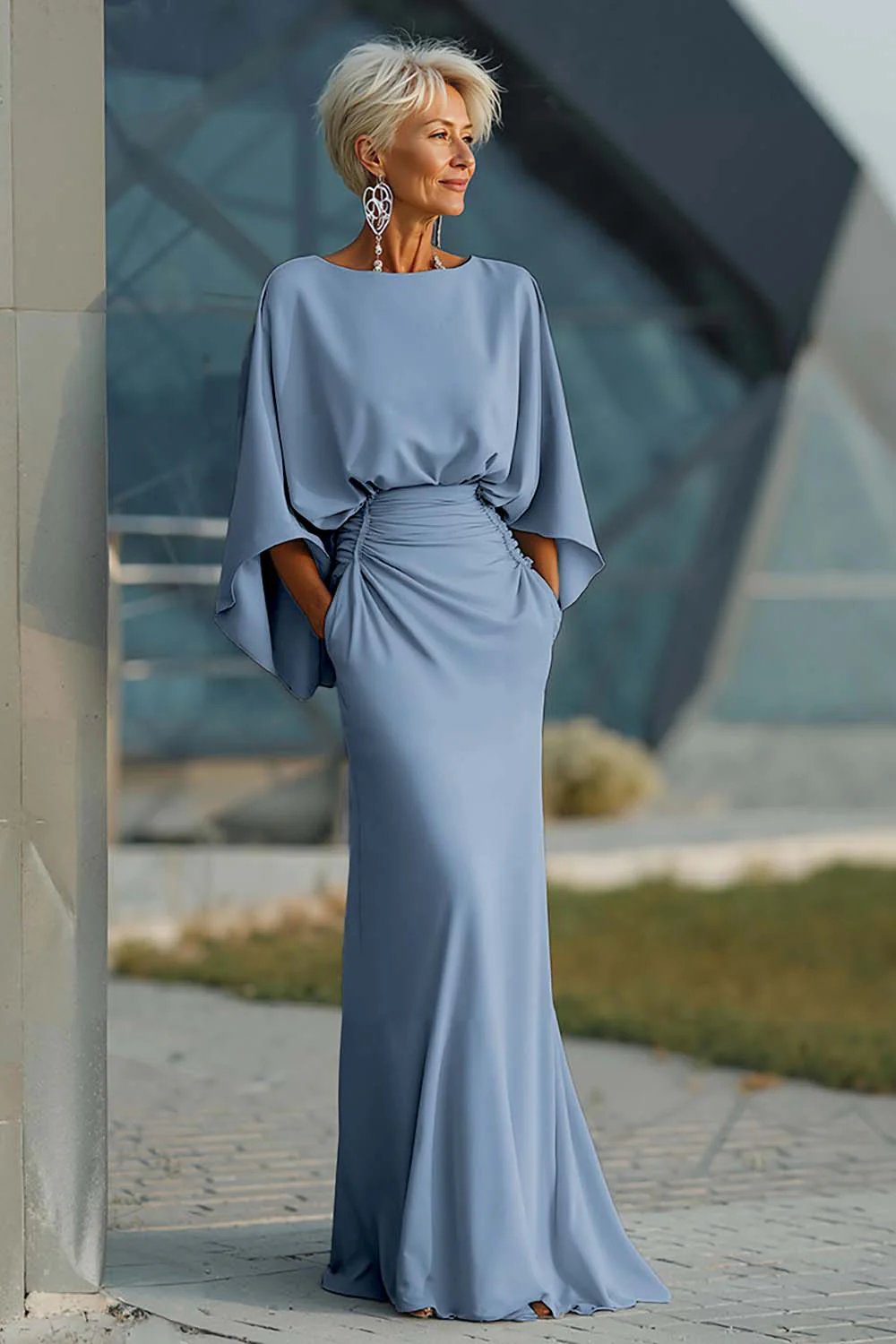 Silver Sheath 3/4 Sleeves Long Mother of the Bride Dress with Pockets - Image 28