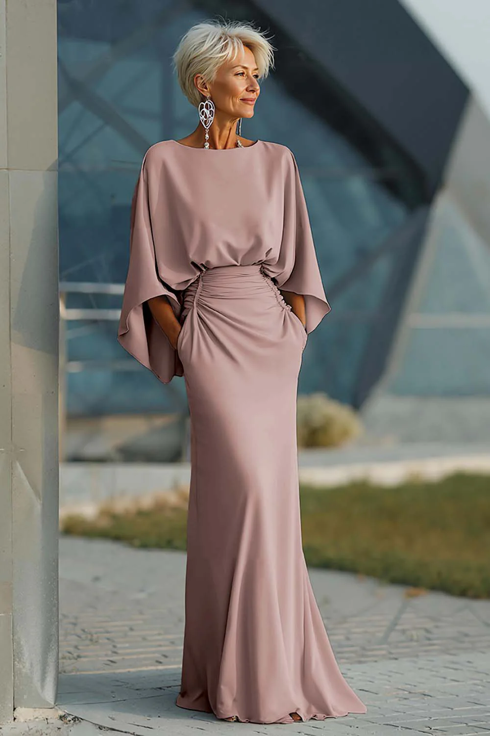 Silver Sheath 3/4 Sleeves Long Mother of the Bride Dress with Pockets - Image 30