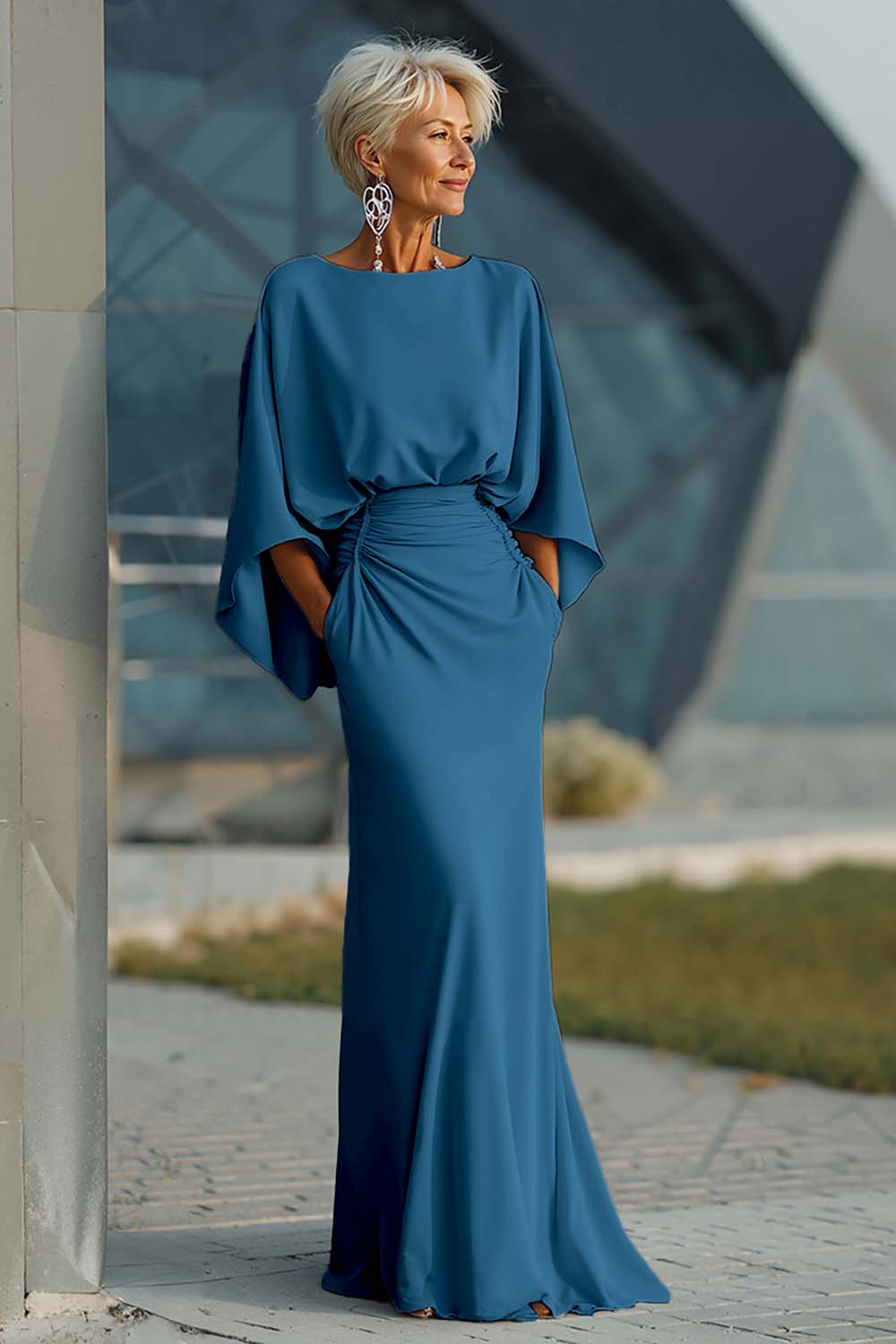 Silver Sheath 3/4 Sleeves Long Mother of the Bride Dress with Pockets - Image 32