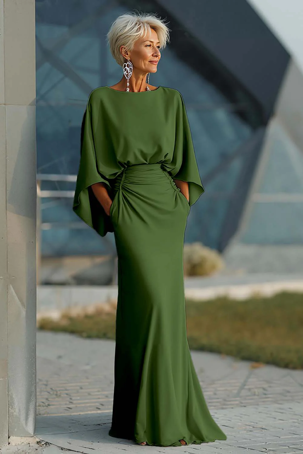 Silver Sheath 3/4 Sleeves Long Mother of the Bride Dress with Pockets - Image 34