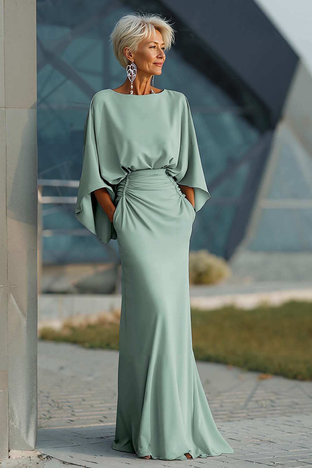 Silver Sheath 3/4 Sleeves Long Mother of the Bride Dress with Pockets - Image 36