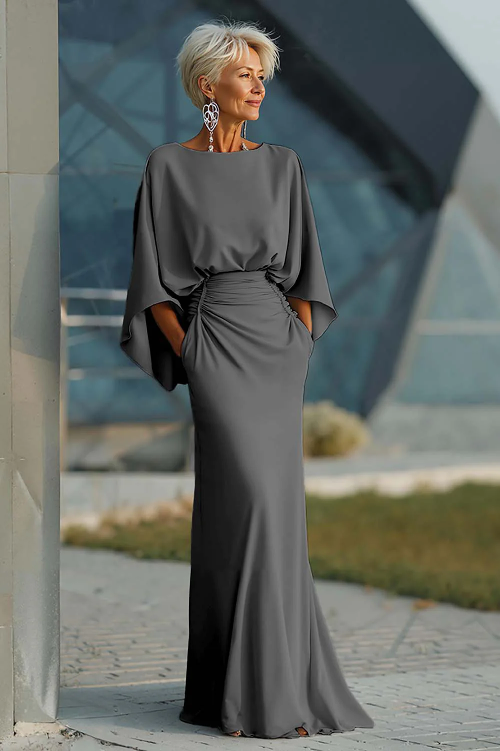 Silver Sheath 3/4 Sleeves Long Mother of the Bride Dress with Pockets - Image 38