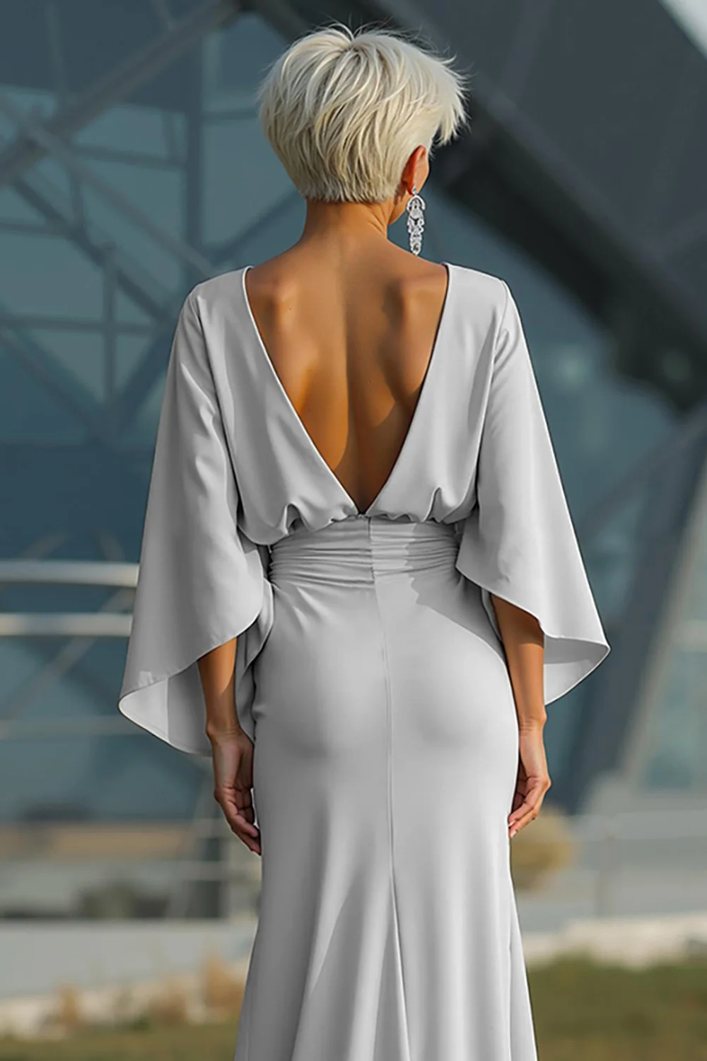 Silver Sheath 3/4 Sleeves Long Mother of the Bride Dress with Pockets - Image 4