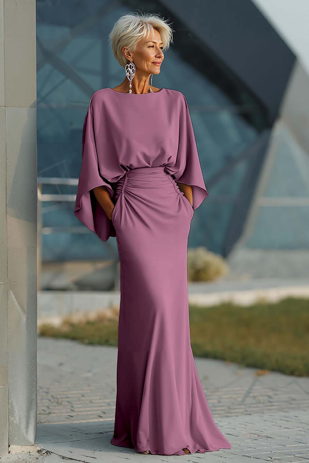 Silver Sheath 3/4 Sleeves Long Mother of the Bride Dress with Pockets - Image 40