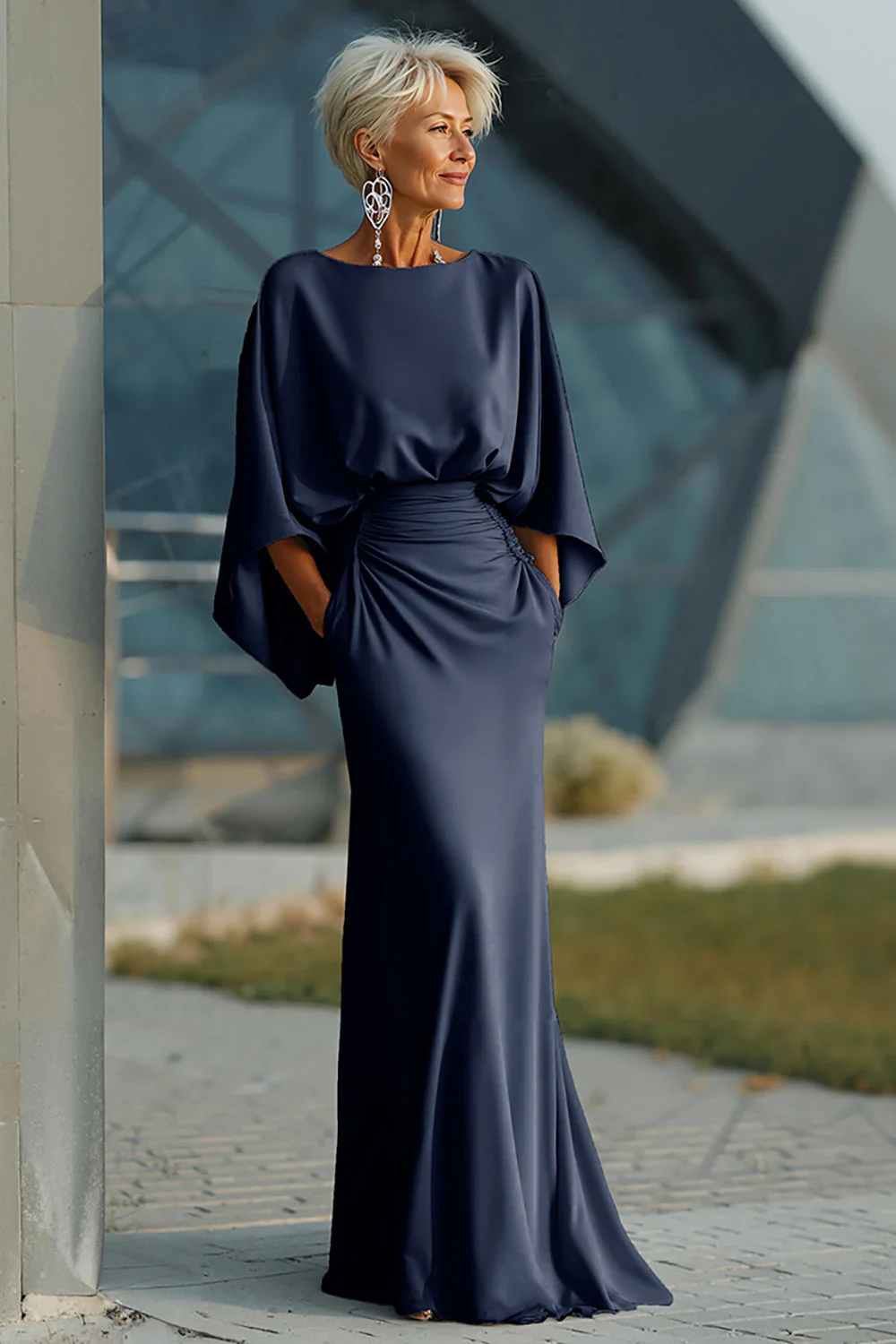 Silver Sheath 3/4 Sleeves Long Mother of the Bride Dress with Pockets - Image 7