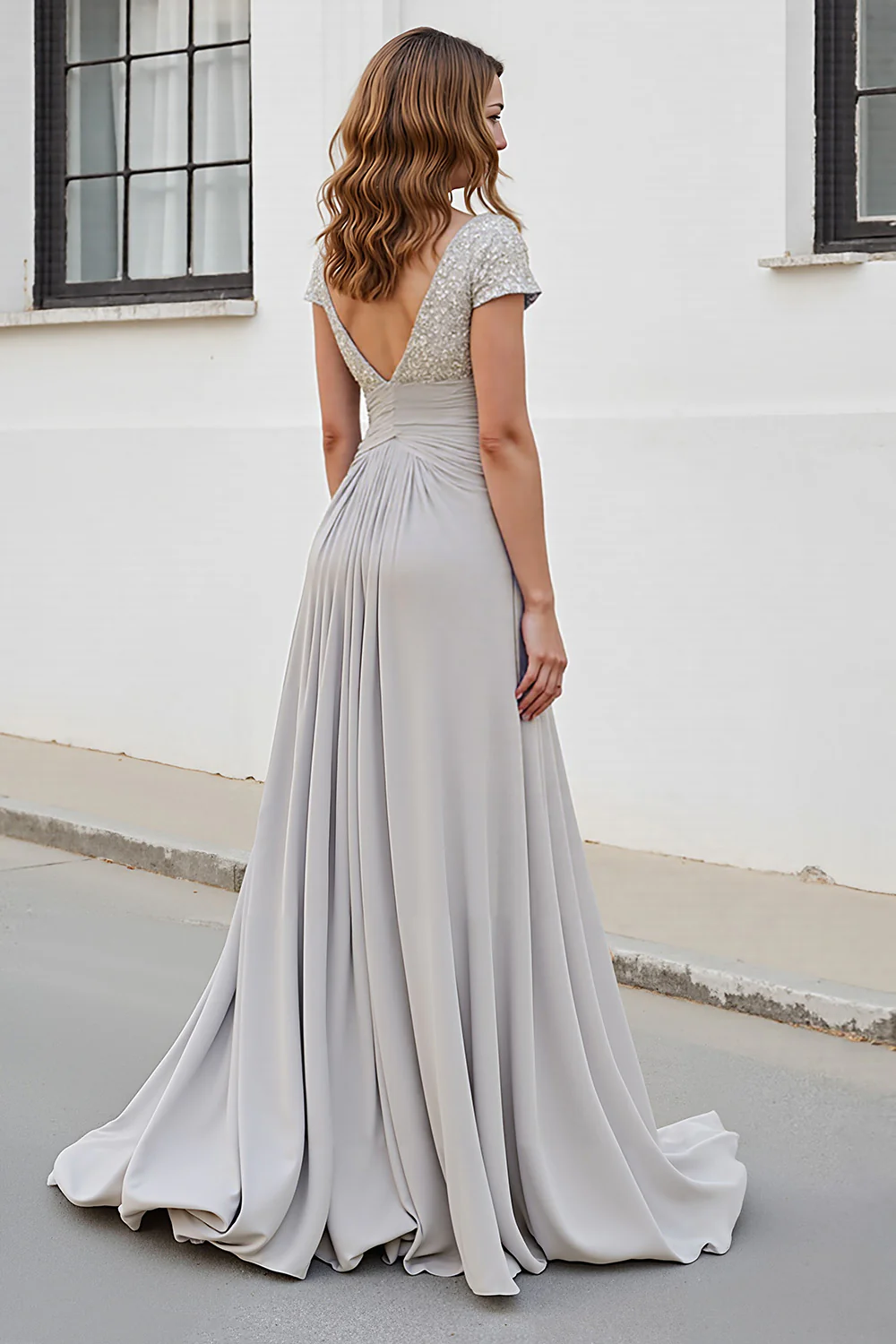 Silver V Neck Ruched A Line Mother Of The Bride Dress - Image 2