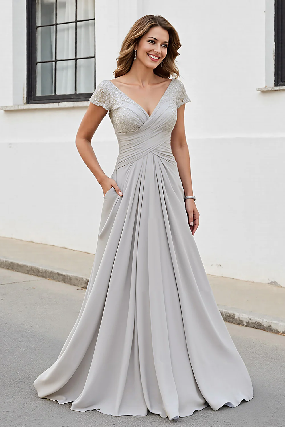 Silver V Neck Ruched A Line Mother Of The Bride Dress - Image 3