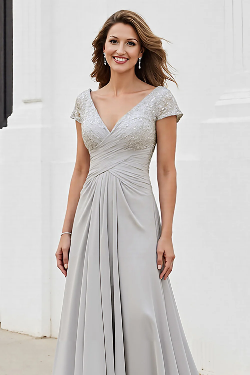 Silver V Neck Ruched A Line Mother Of The Bride Dress - Image 4