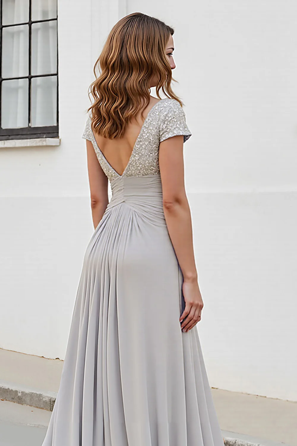 Silver V Neck Ruched A Line Mother Of The Bride Dress - Image 5