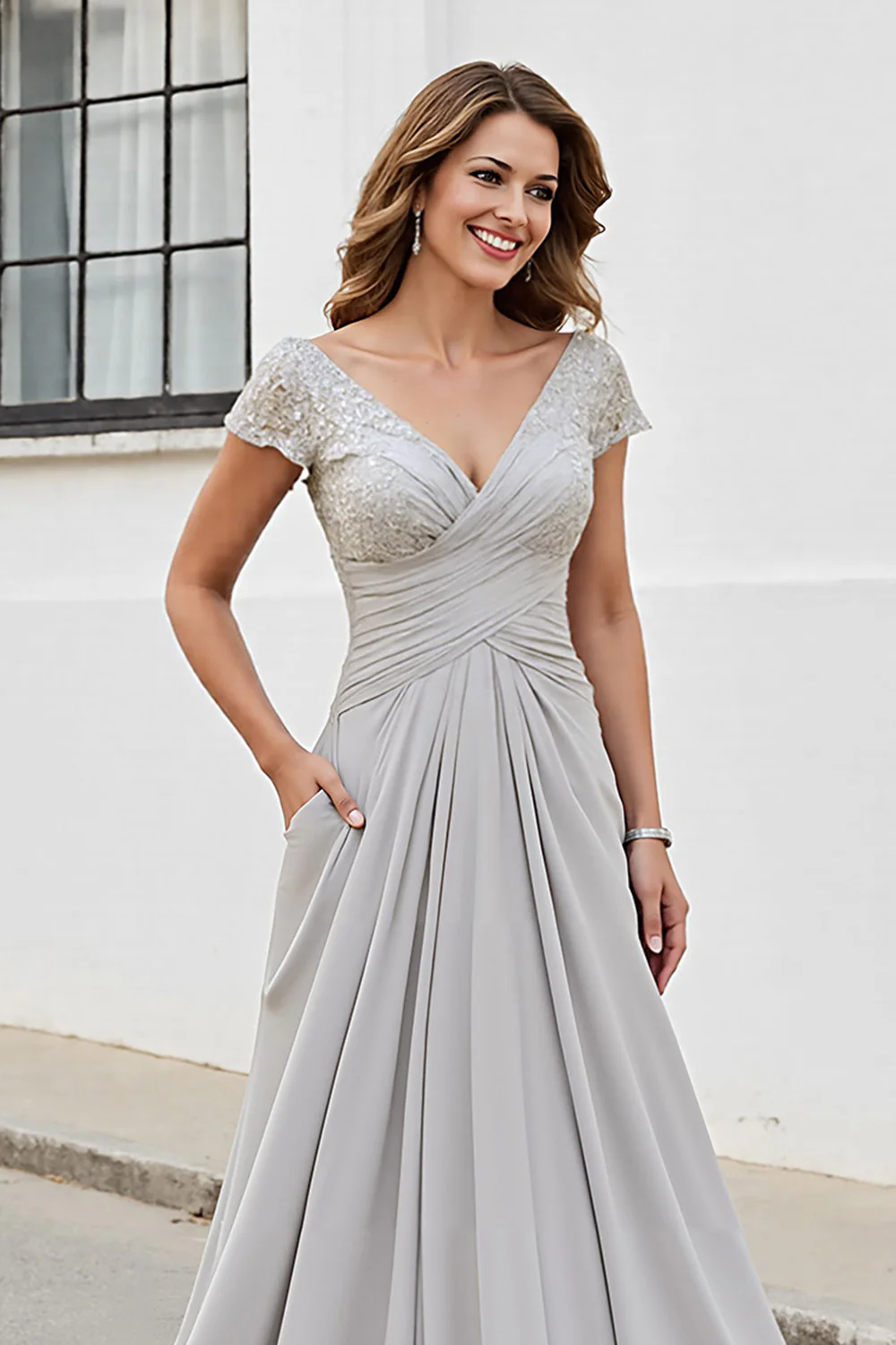 Silver V Neck Ruched A Line Mother Of The Bride Dress - Image 6