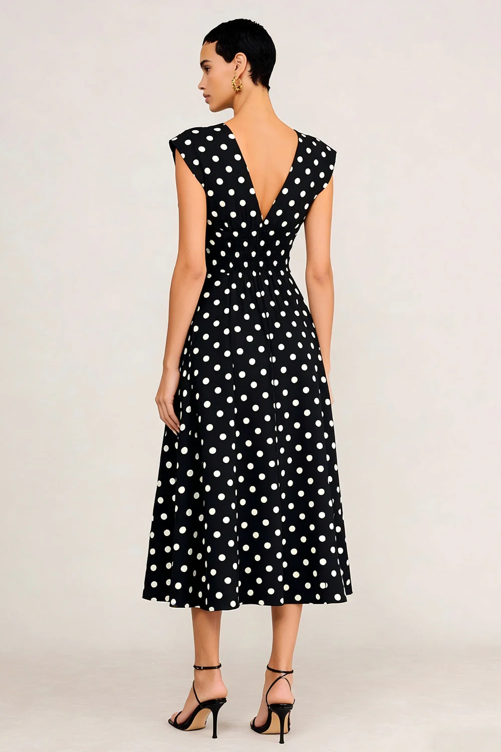 Simple Black White Polka Dots A-Line V-Neck Midi Work Dress - Image 2