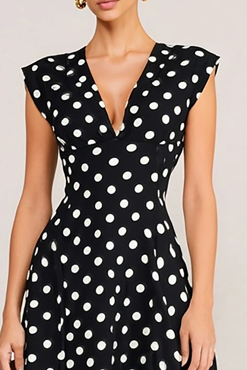 Simple Black White Polka Dots A-Line V-Neck Midi Work Dress - Image 3