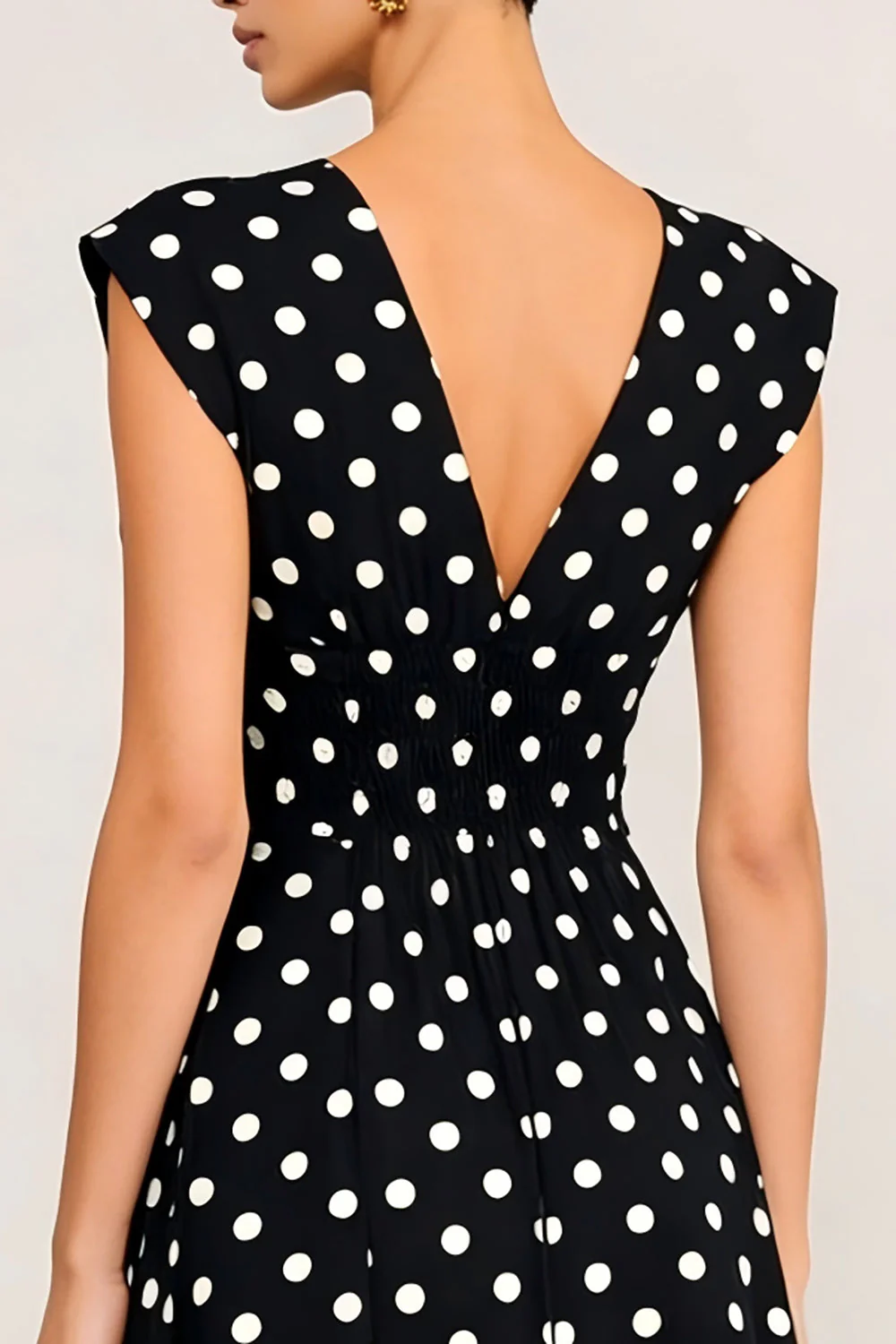Simple Black White Polka Dots A-Line V-Neck Midi Work Dress - Image 4