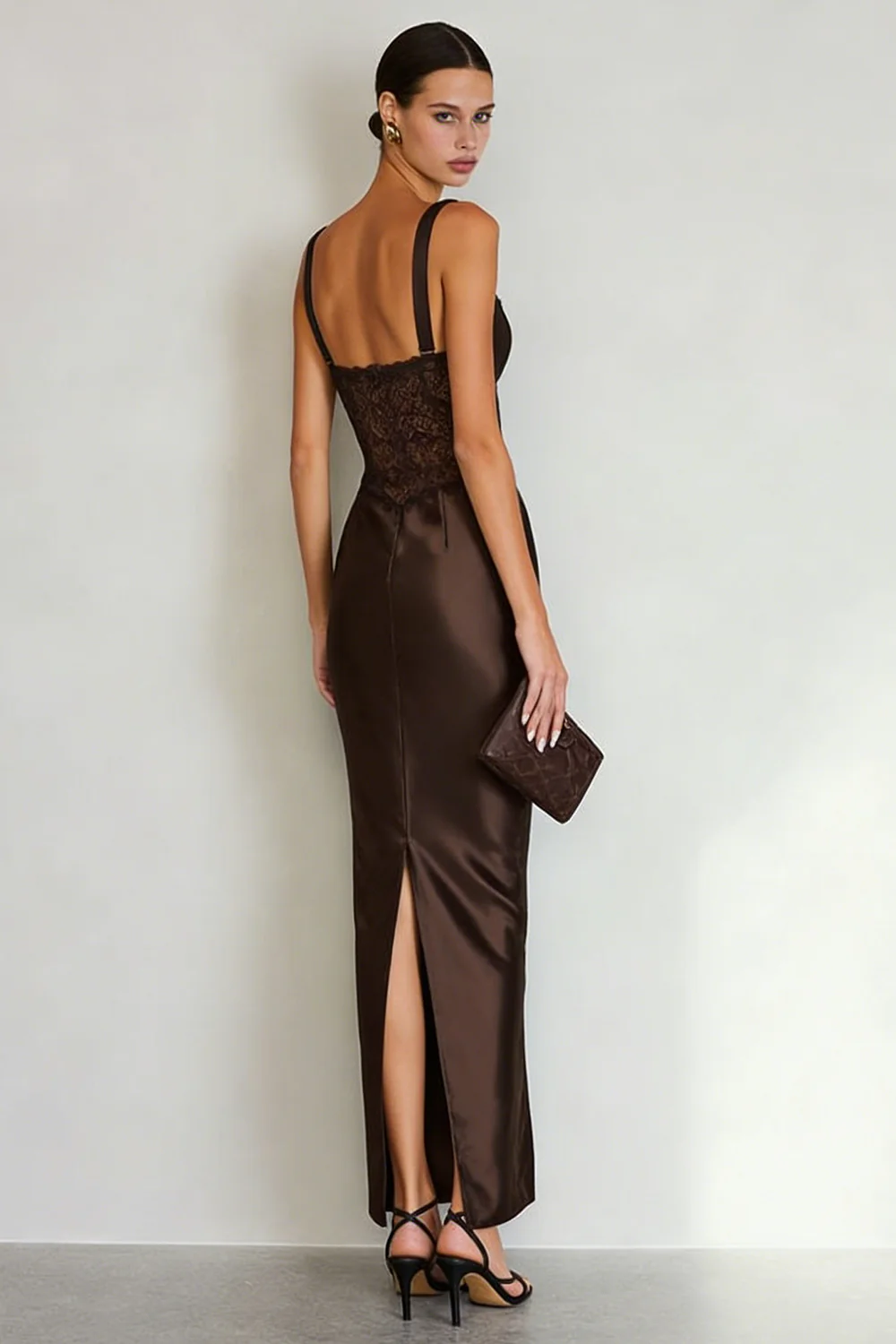 Simple Coffee Satin Sheath Maxi Dress with Slit - Image 2