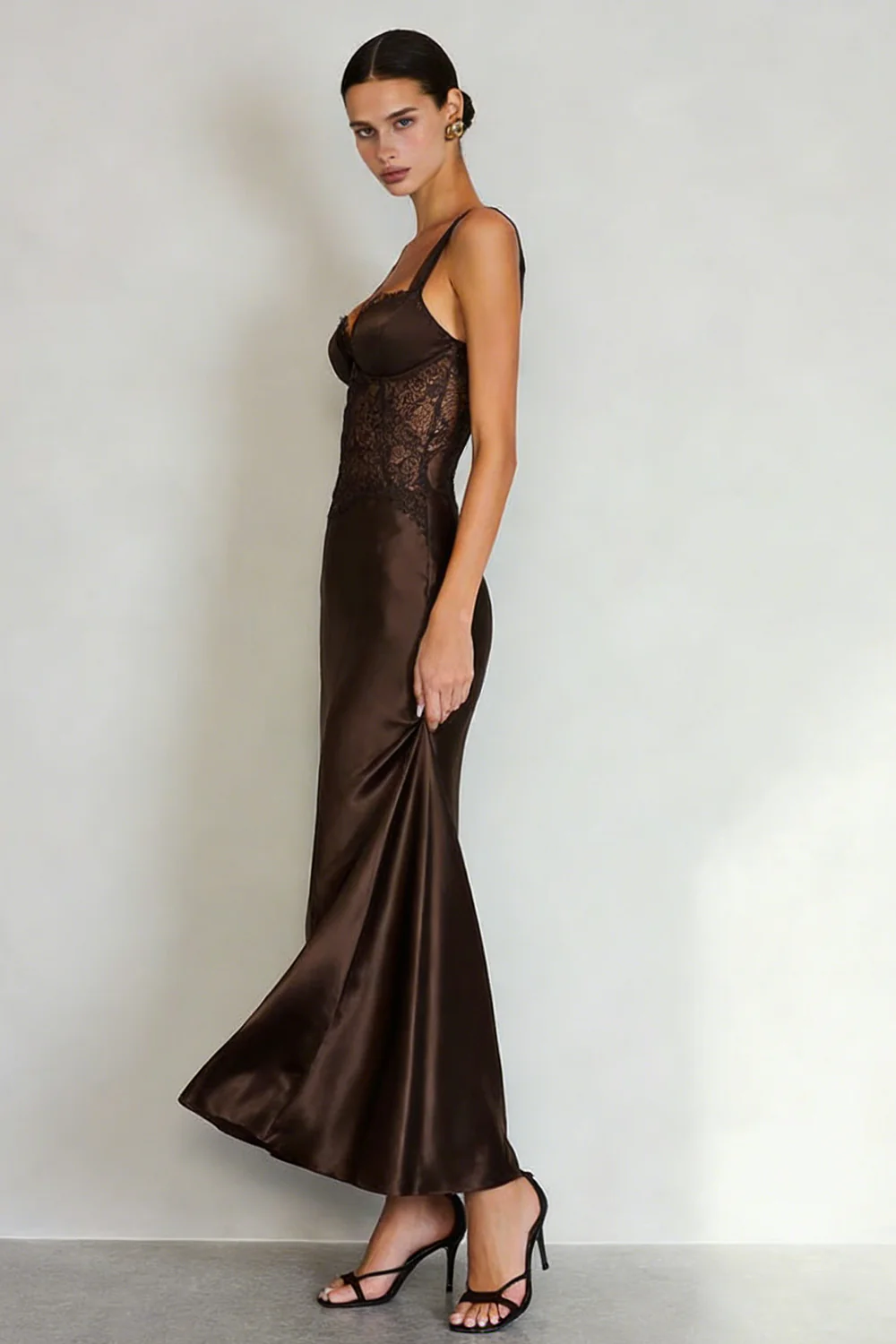 Simple Coffee Satin Sheath Maxi Dress with Slit - Image 4