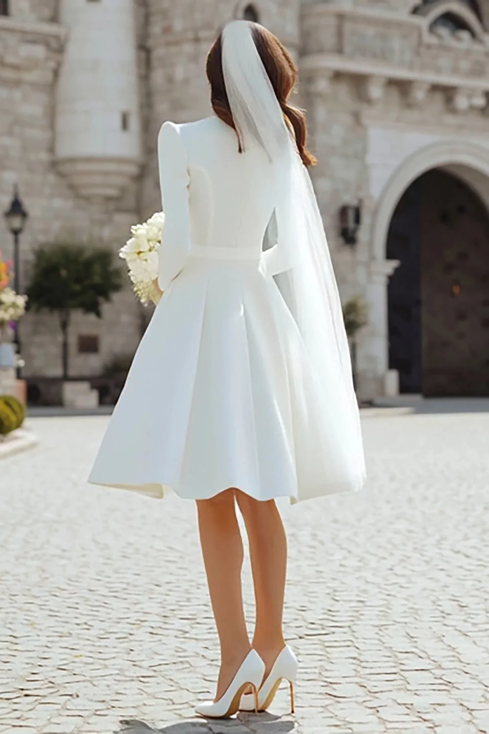Simple Ivory A-Line Satin Midi Engagement Dress - Image 4