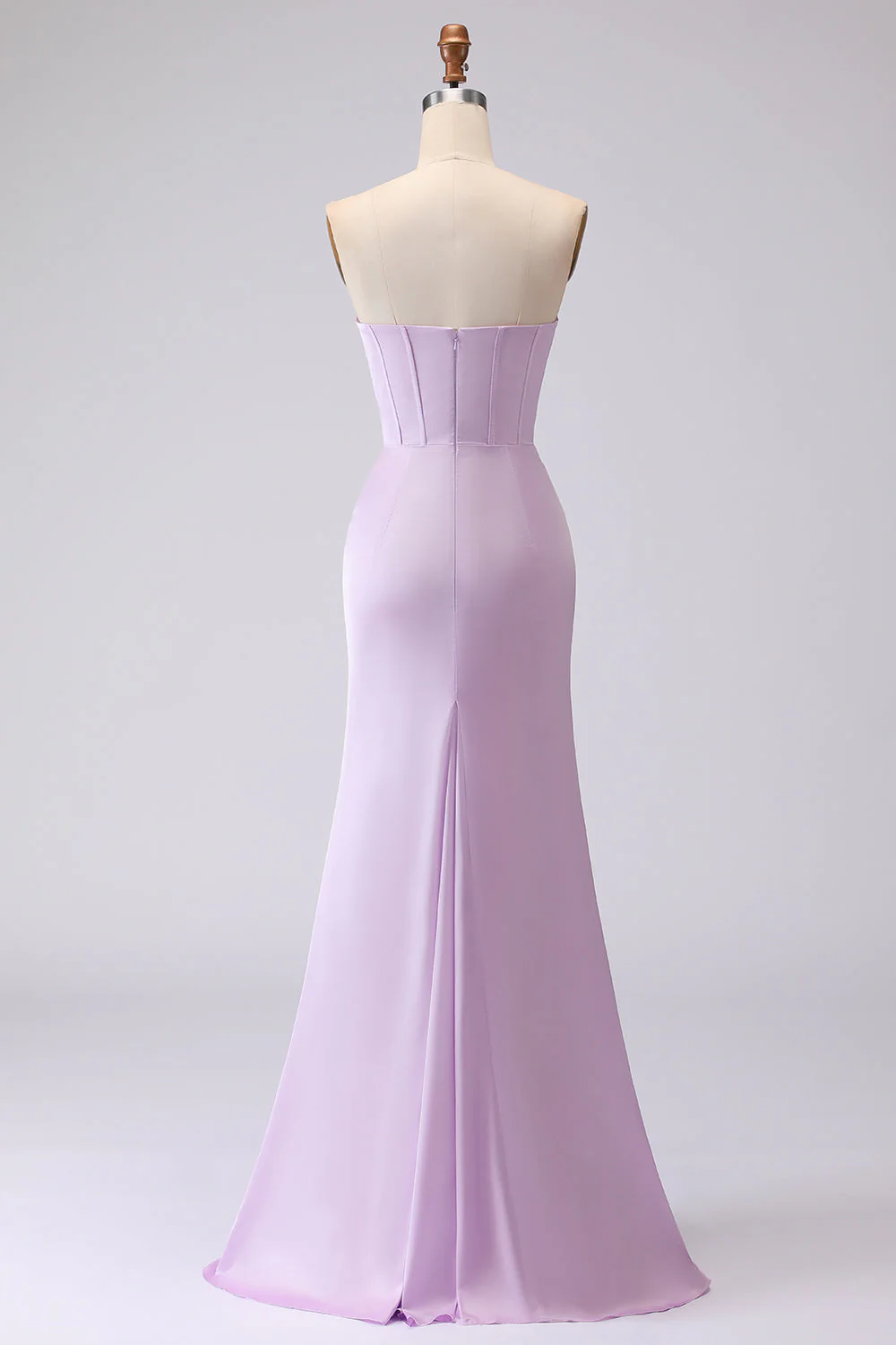 Simple Mermaid Strapless Corset Frosted Lilac Satin Long Bridesmaid Dress - Image 2